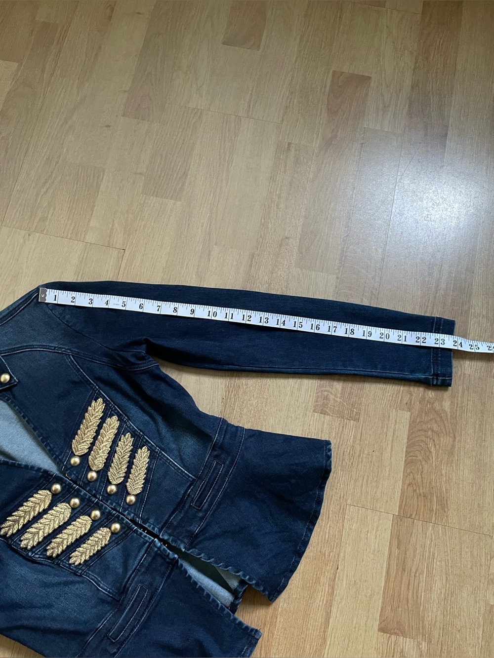 Bebe Denim Military Peplum Jacket Gold Leaf Embellished Fitted S/P - Picture 12 of 12